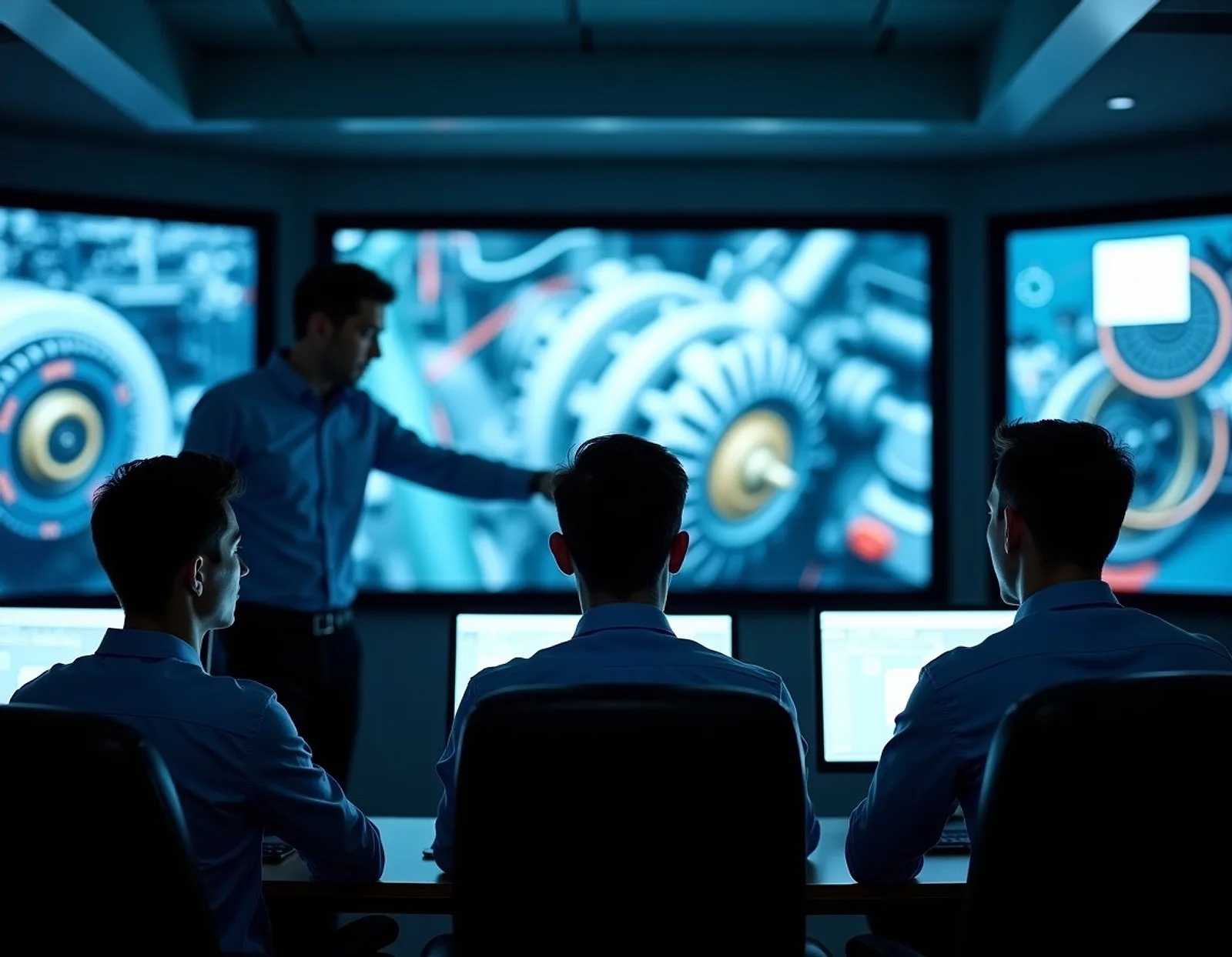 Trainees at consoles watching an instructor point at a large machinery diagram screen in a simulator room